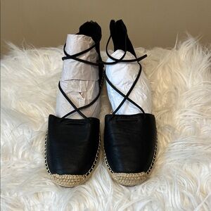 Eileen Fisher Black Leather Lace-Up Espadrilles. Size 9.